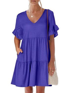 Anrabess Women's Royal Blue Neck Ruffle Sleeve A Line Tiered Mini Flowy Dress
